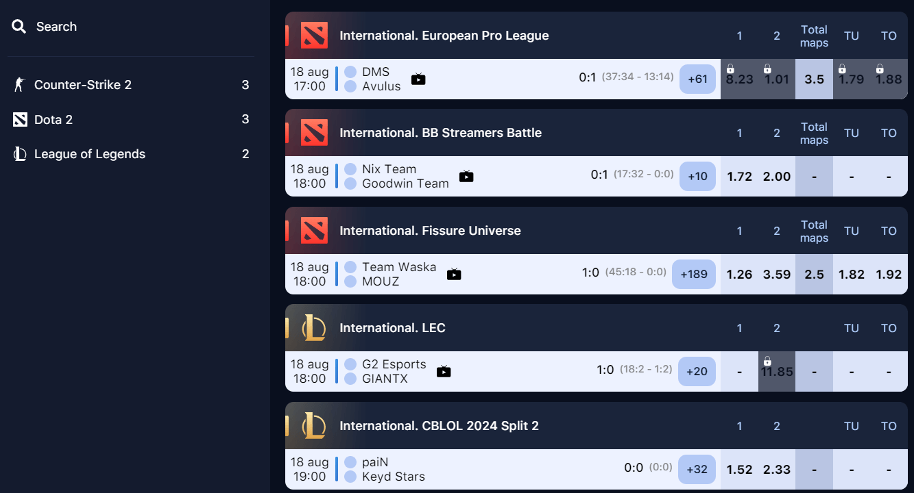 1win e-sports betting options